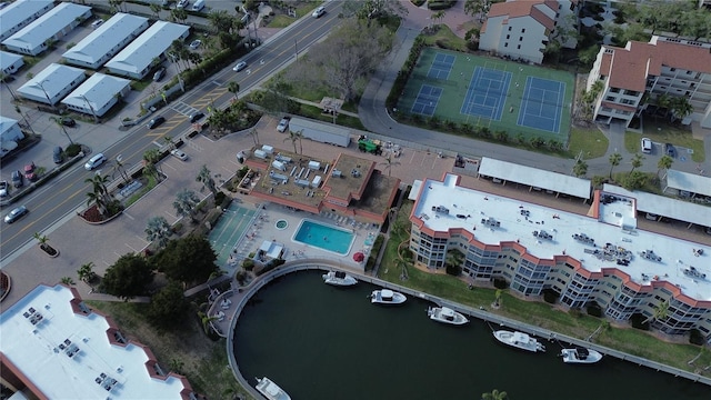 bird's eye view with a water view