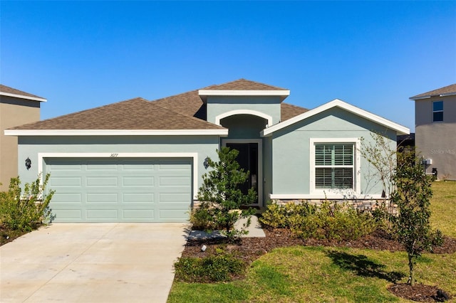 single story home featuring stucco siding, concrete driveway, a garage, and a shingled roof