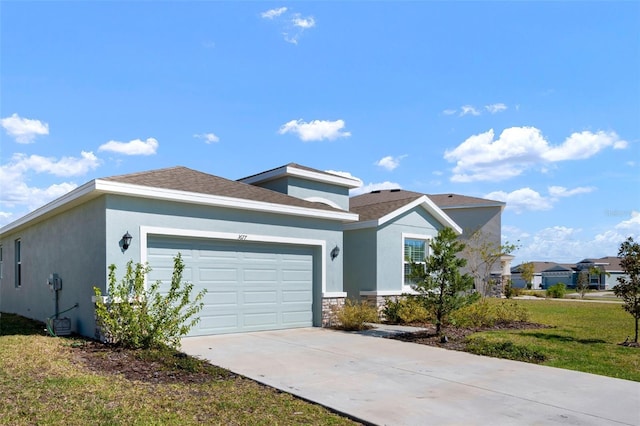 ranch-style house with stone siding, stucco siding, an attached garage, and driveway