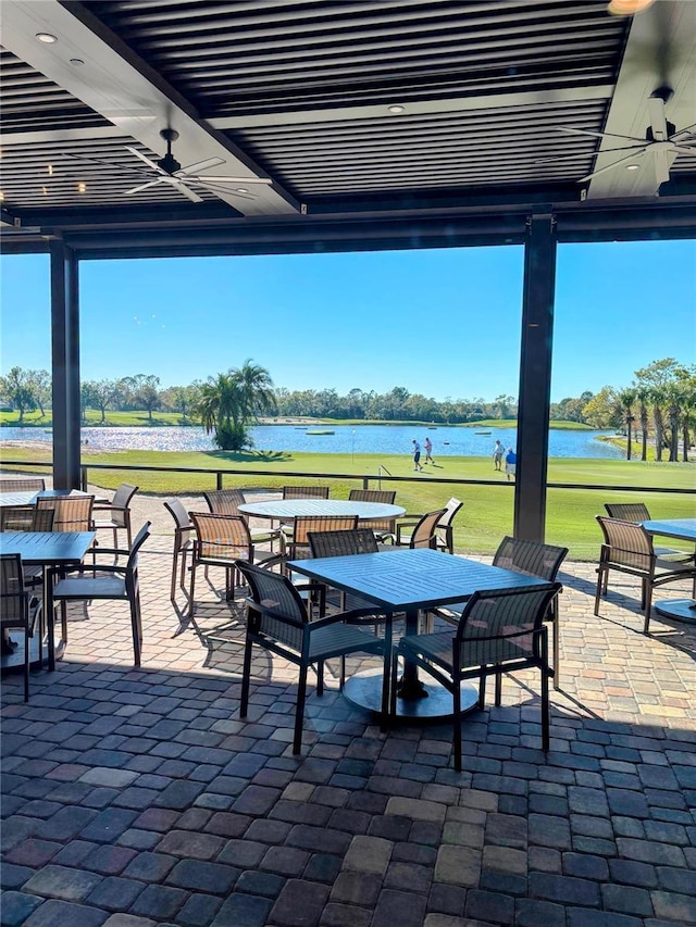 view of patio / terrace with outdoor dining space and a water view