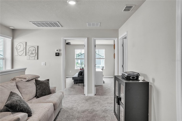 carpeted living area with visible vents and a wealth of natural light