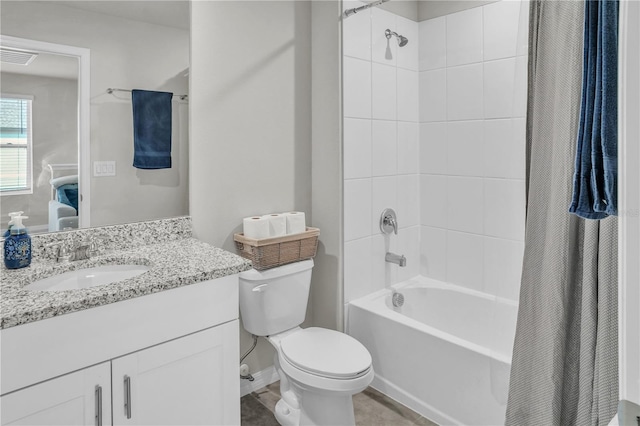 bathroom featuring visible vents, shower / bath combo with shower curtain, toilet, and vanity