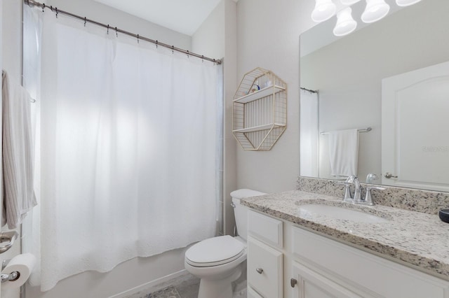 full bath with vanity, shower / bath combination with curtain, and toilet