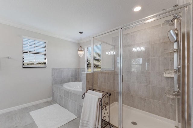 full bathroom with a healthy amount of sunlight, a stall shower, and ornamental molding