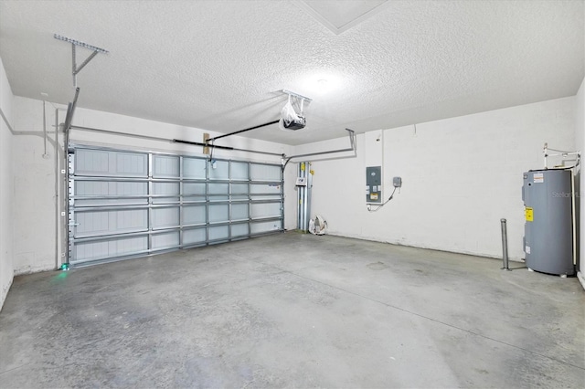 garage featuring electric panel, a garage door opener, and water heater