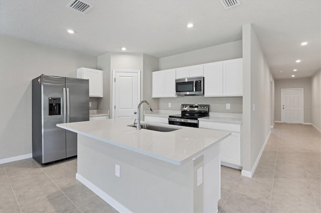 kitchen with a sink, stainless steel appliances, visible vents, and white cabinets