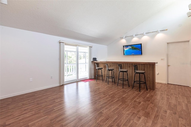 bar featuring a bar, lofted ceiling, wood finished floors, and a textured ceiling