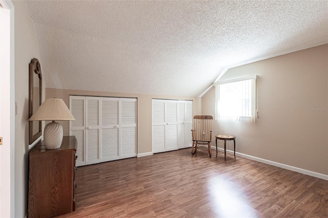 interior space featuring wood finished floors, baseboards, lofted ceiling, a textured ceiling, and two closets