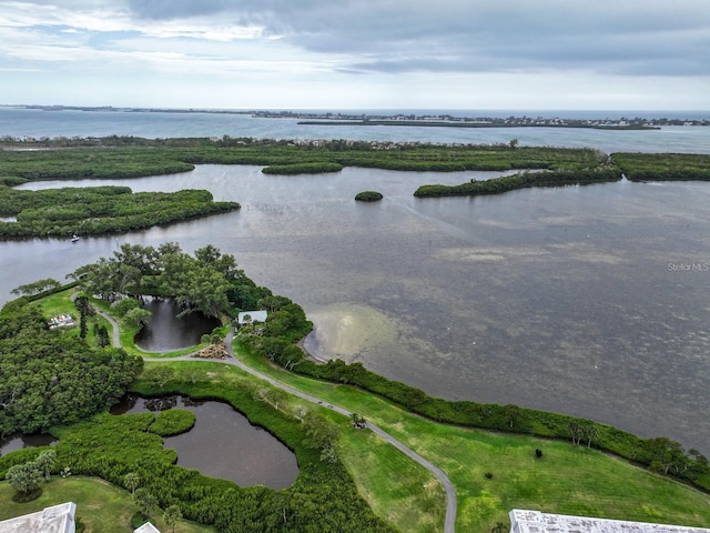 drone / aerial view with a water view