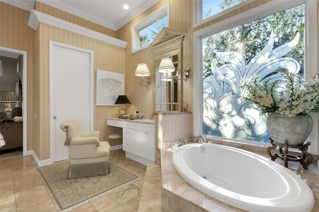 bathroom featuring wallpapered walls, baseboards, a garden tub, ornamental molding, and vanity