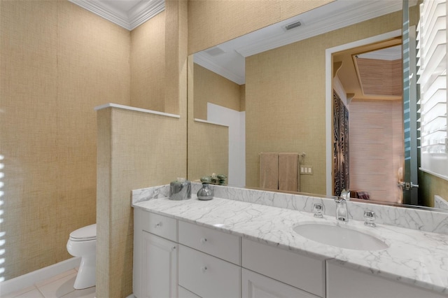 bathroom featuring tile patterned flooring, visible vents, toilet, ornamental molding, and vanity