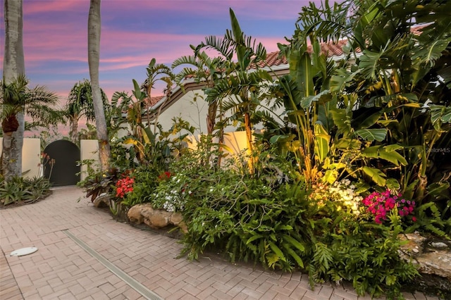 view of patio terrace at dusk