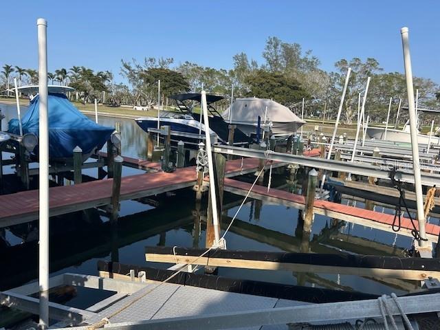 dock area featuring boat lift and a water view