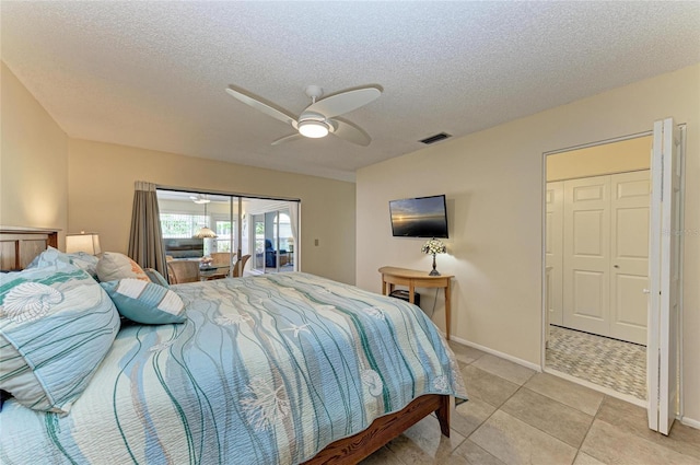 bedroom featuring visible vents, a ceiling fan, access to outside, a textured ceiling, and baseboards