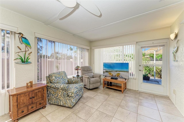 interior space featuring a ceiling fan