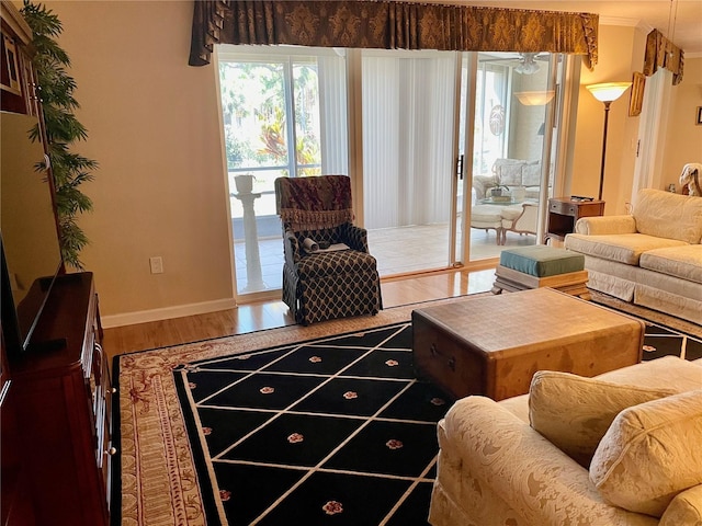 living area with baseboards, wood finished floors, and crown molding