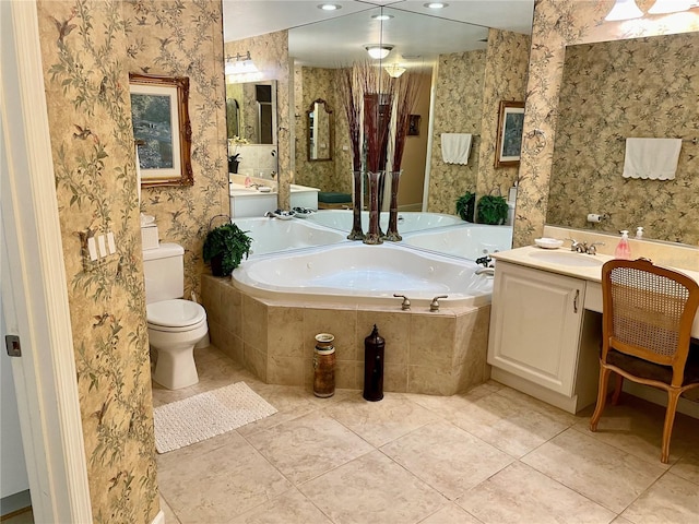 full bath featuring toilet, wallpapered walls, tile patterned flooring, a bath, and vanity