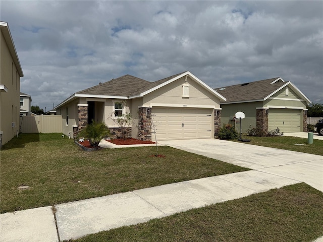 view of front facade featuring driveway, stone siding, an attached garage, a front yard, and stucco siding