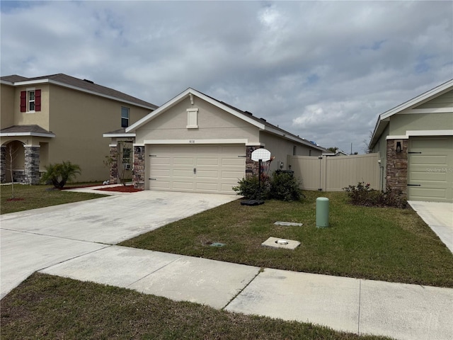 view of front facade featuring a garage, concrete driveway, stone siding, a front lawn, and stucco siding