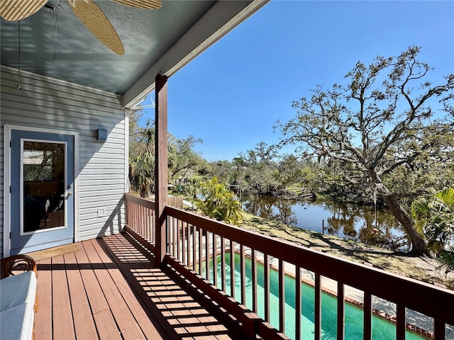 deck featuring ceiling fan and a water view