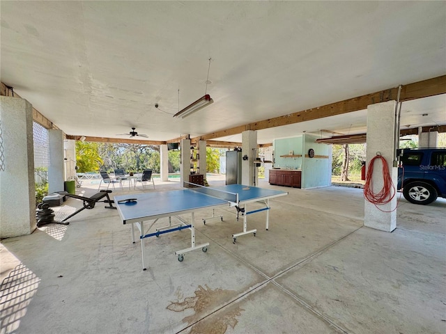 view of pool featuring outdoor dining space, a patio area, and a ceiling fan