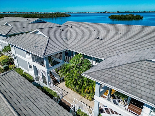 aerial view featuring a water view