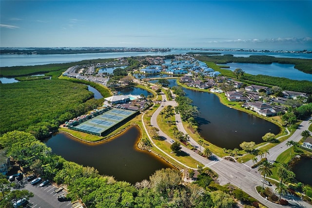 bird's eye view with a water view