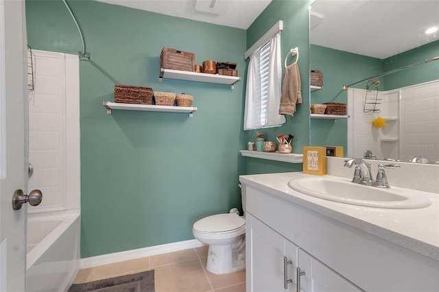 full bath with toilet, vanity, shower / tub combination, baseboards, and tile patterned floors