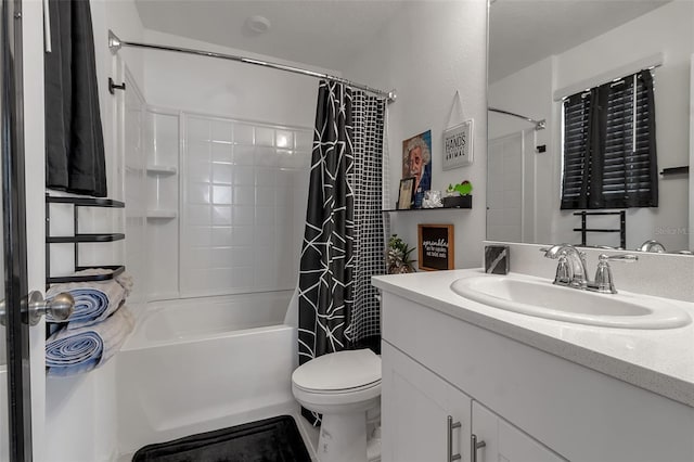 bathroom featuring toilet, shower / bathtub combination with curtain, and vanity