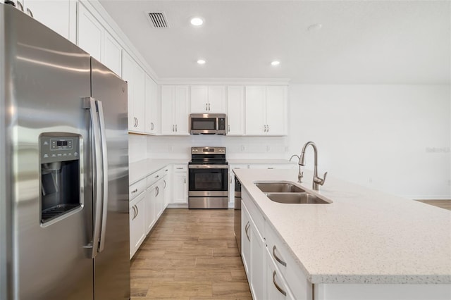 kitchen with wood finished floors, visible vents, a sink, decorative backsplash, and appliances with stainless steel finishes