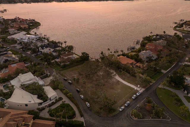 drone / aerial view with a water view and a residential view