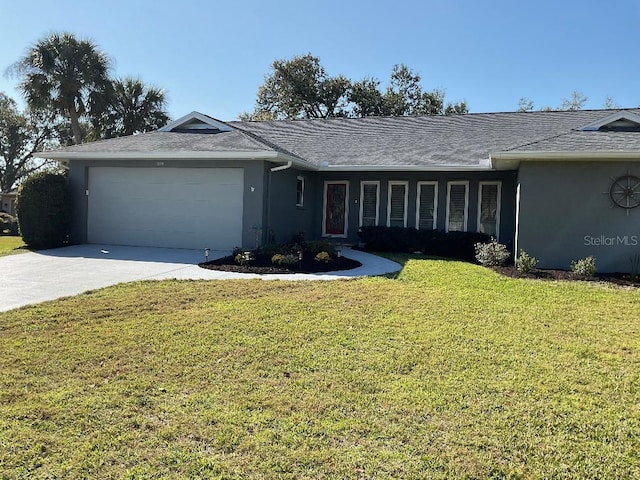 ranch-style house with a front yard, driveway, a shingled roof, stucco siding, and a garage