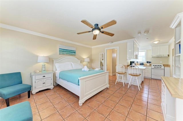 bedroom featuring ornamental molding and light tile patterned flooring