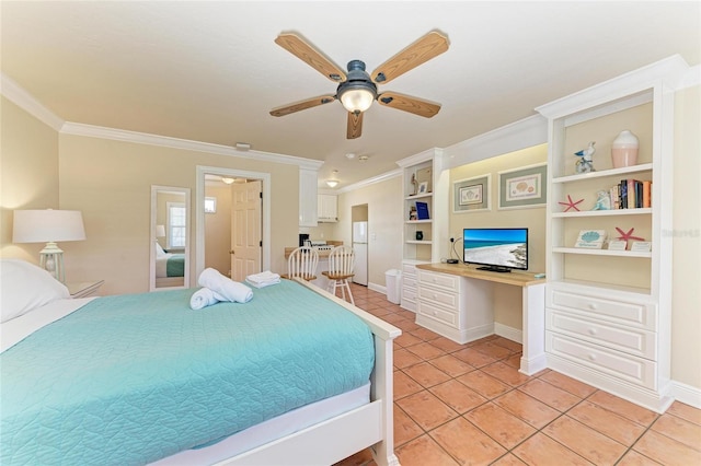 bedroom with light tile patterned floors, baseboards, ornamental molding, and built in study area