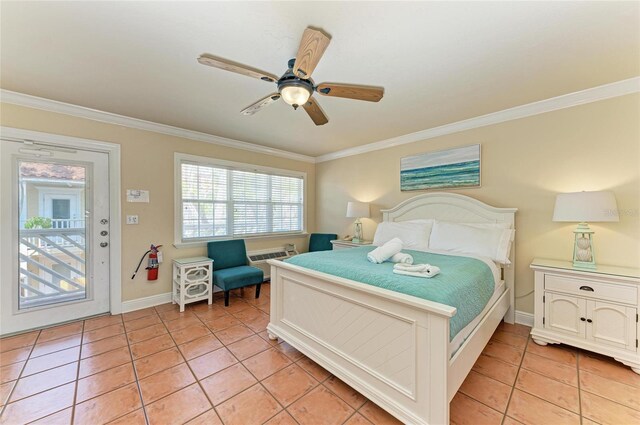 bedroom featuring ceiling fan, light tile patterned flooring, baseboards, and crown molding