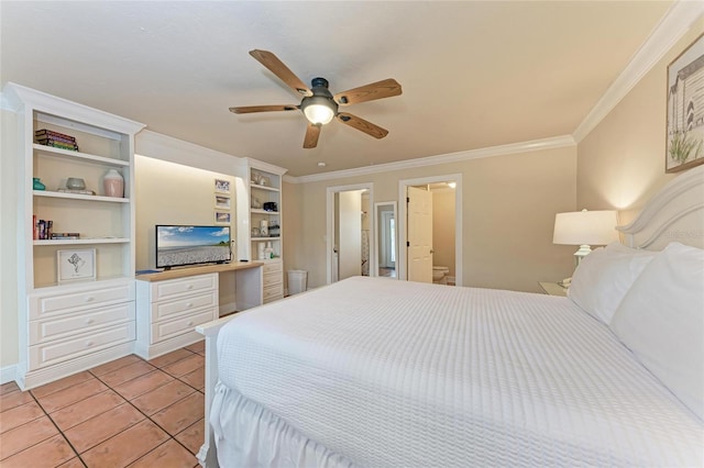 bedroom featuring ceiling fan, ornamental molding, and light tile patterned flooring