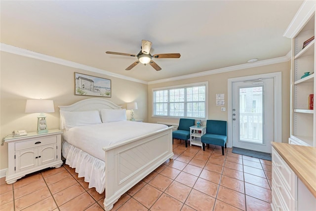 bedroom featuring light tile patterned floors, access to outside, ceiling fan, and crown molding