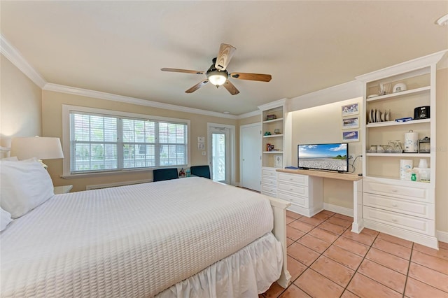 bedroom with ceiling fan, light tile patterned flooring, crown molding, and built in study area