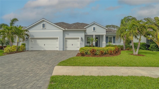 view of front facade featuring an attached garage, decorative driveway, and a front yard