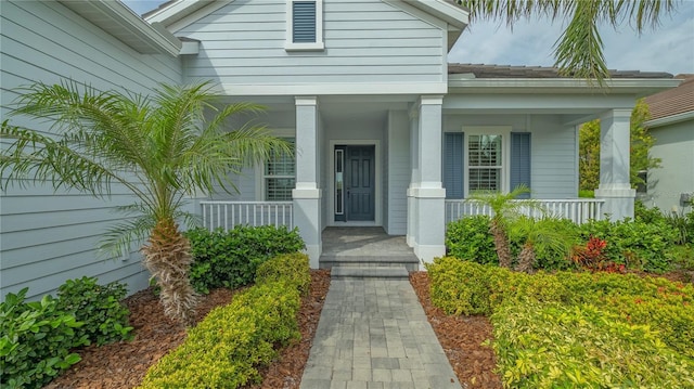 view of exterior entry with a porch