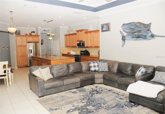 living area with crown molding, light tile patterned flooring, and recessed lighting