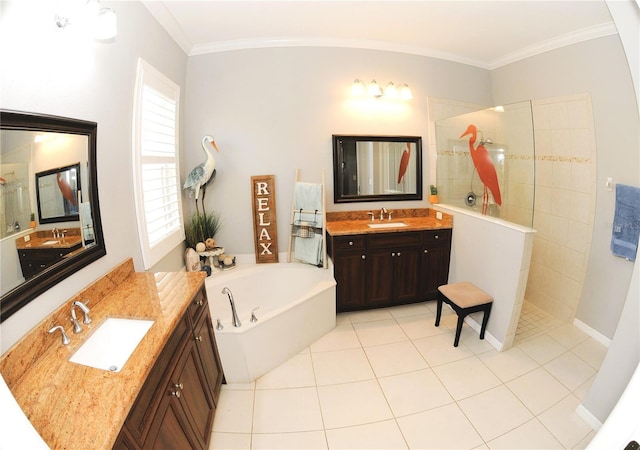 full bathroom featuring a walk in shower, crown molding, and a sink