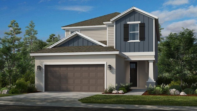 view of front of home featuring board and batten siding, concrete driveway, and a shingled roof