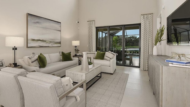 living area featuring a high ceiling and light tile patterned flooring