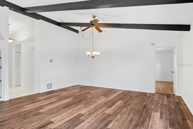 spare room featuring lofted ceiling with beams, visible vents, wood finished floors, and ceiling fan with notable chandelier