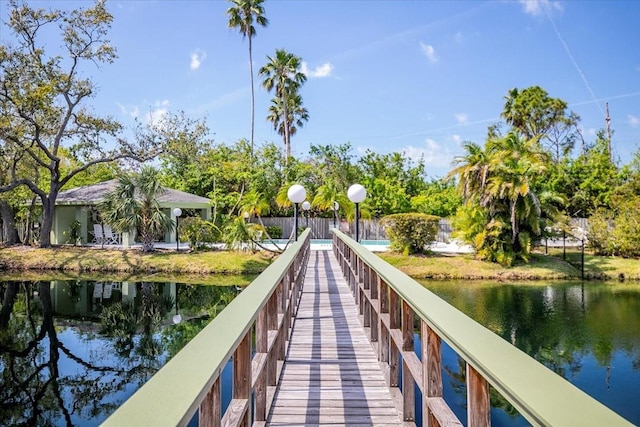 view of dock with a water view and fence