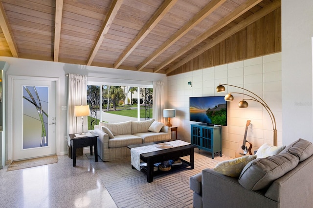 living room with speckled floor, high vaulted ceiling, wood ceiling, and beamed ceiling