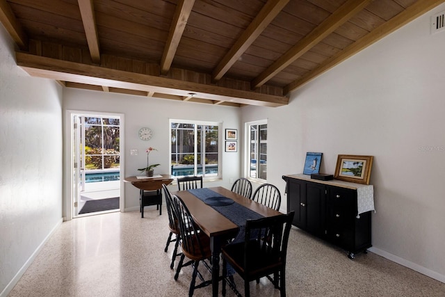 dining space featuring wooden ceiling, plenty of natural light, and baseboards