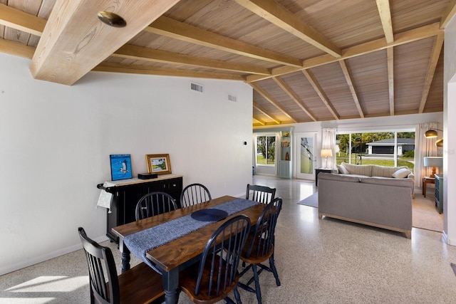 dining space featuring beam ceiling, visible vents, speckled floor, and baseboards