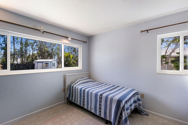 bedroom featuring multiple windows, baseboards, and carpet floors